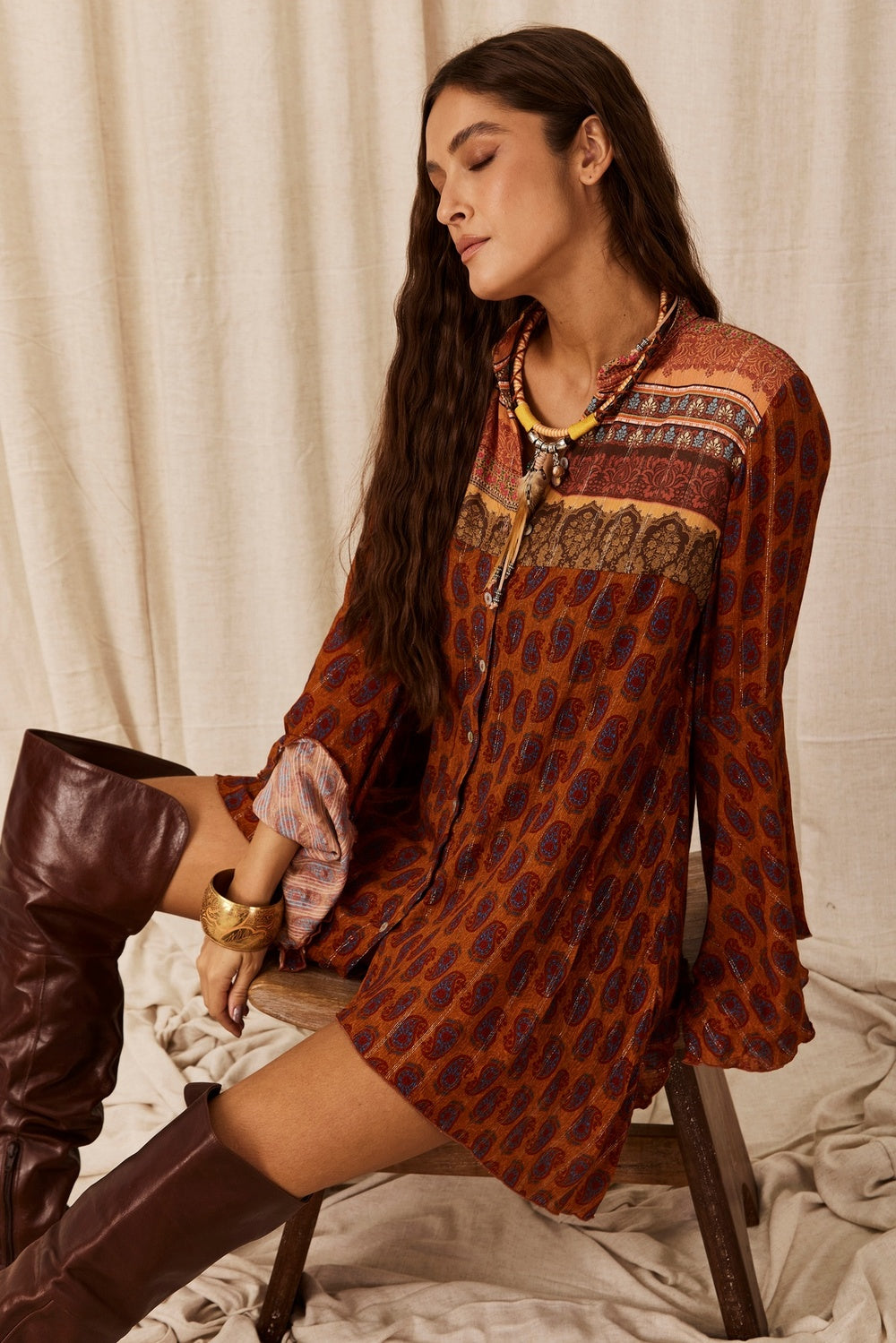 Yacamim Orange Printed Lurex Short Chemise P4