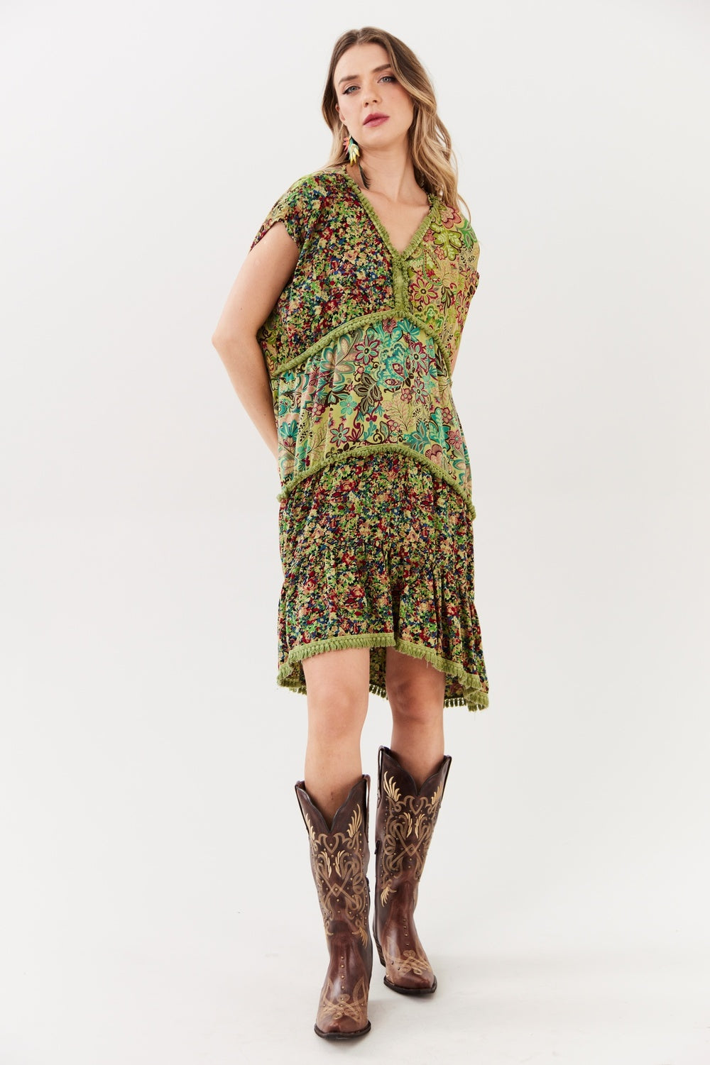 Yacamim D24 Sleeveless Green Patchwork Short Dress
