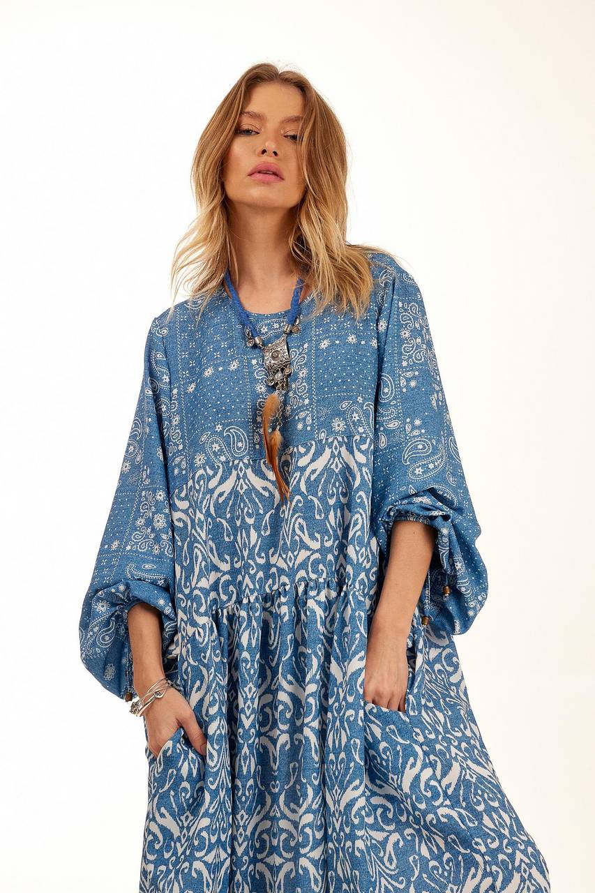 Blue Patchwork Yacamim Long Polyester Dress With Puffy Sleeves