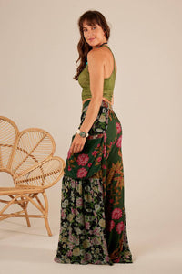 Dark Green High-Waisted Palazzo Pants Patchwork Yacamim H7