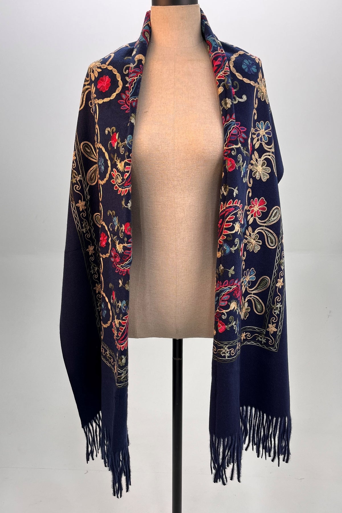 Yacamim Embroidered Navy Blue Cashmere Scarf #319
