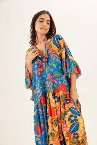 Yacamim Blue and Yellow Patchwork Round Neck Long Dress