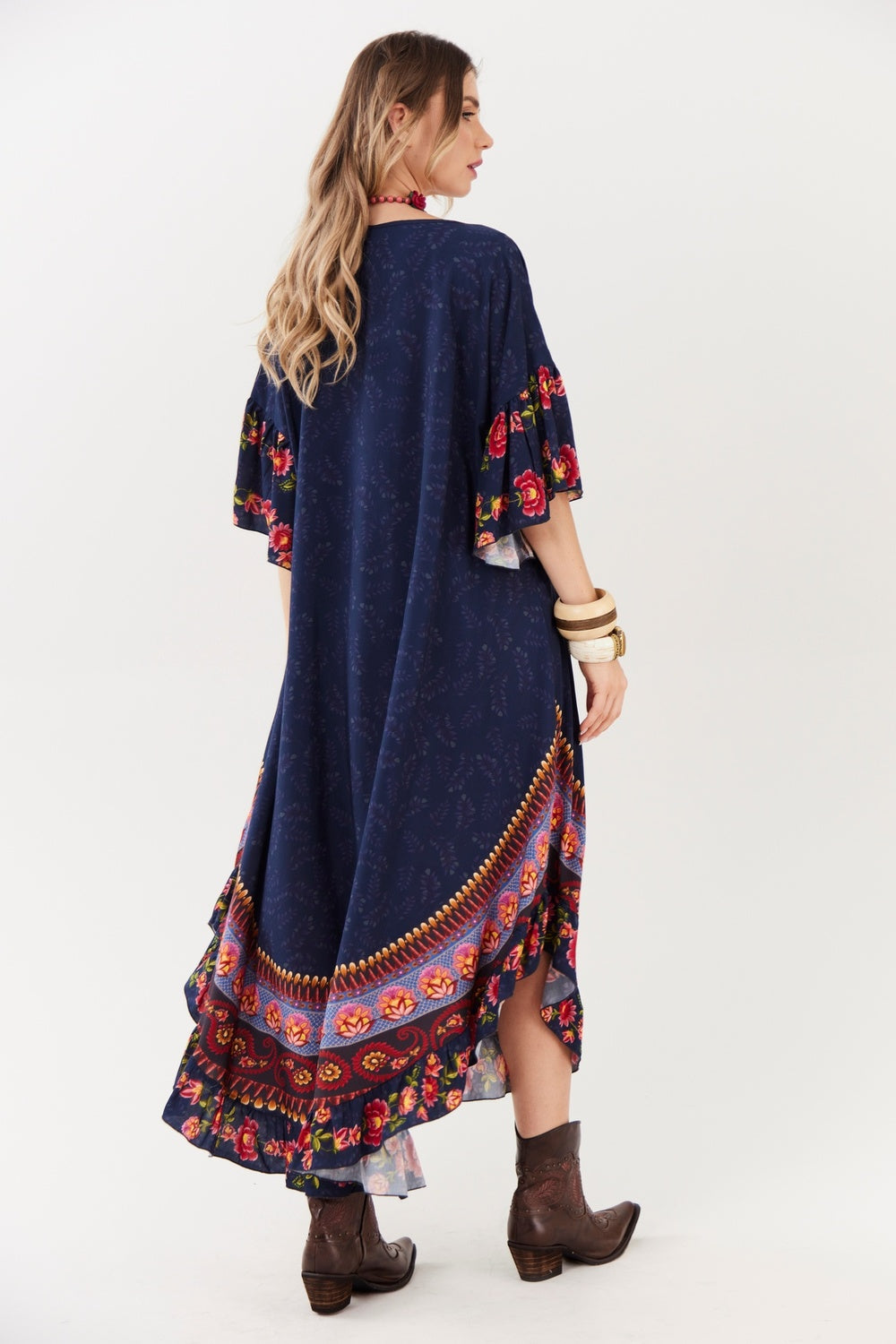 Vestido Amplo Midi Azul Marinho Paisley Yacamim C2