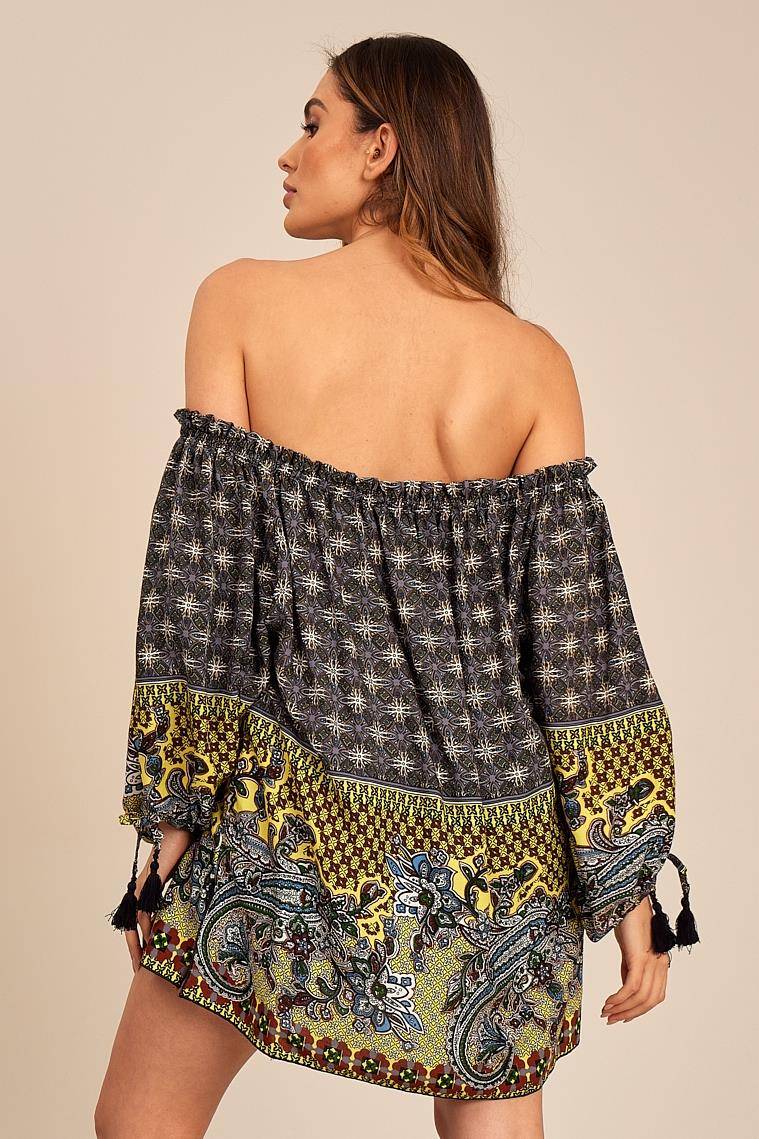 Yacamim Gray and Yellow Printed Long-Sleeved Peasant Blouse
