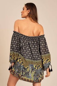Yacamim Gray and Yellow Printed Long-Sleeved Peasant Blouse