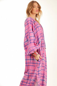 Yacamim Pink Plaid Long Dress with Puffy Long Sleeves
