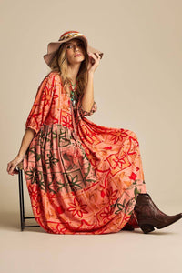 Midi Dress with 3/4 Sleeves Pink Patchwork Yacamim