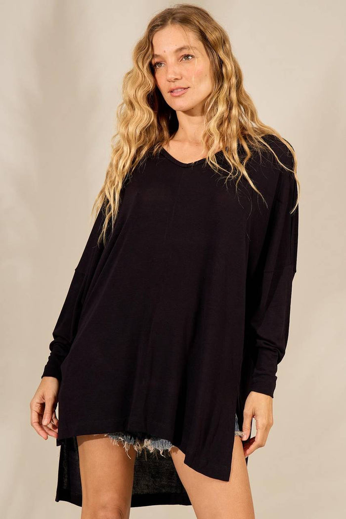 Yacamim Black Loose Basic V-Neck Tunic Top