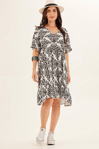 Yacamim Short Dress with V-Neck in Black and White Print