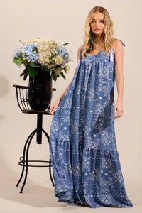 Yacamim E4 Blue Cashmere Print Long Dress with Straps and Asymmetrical Cut