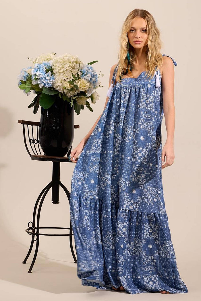 Yacamim E4 Blue Cashmere Print Long Dress with Straps and Asymmetrical Cut