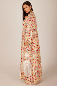 Long Dress with Puffy Sleeves Beige Printed Yacamim C14