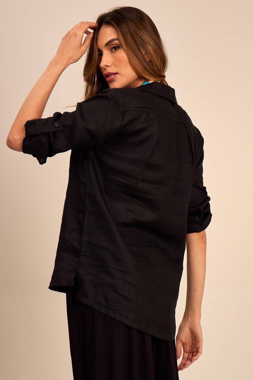 Yacamim Black 100% Linen Round Neck Shirt