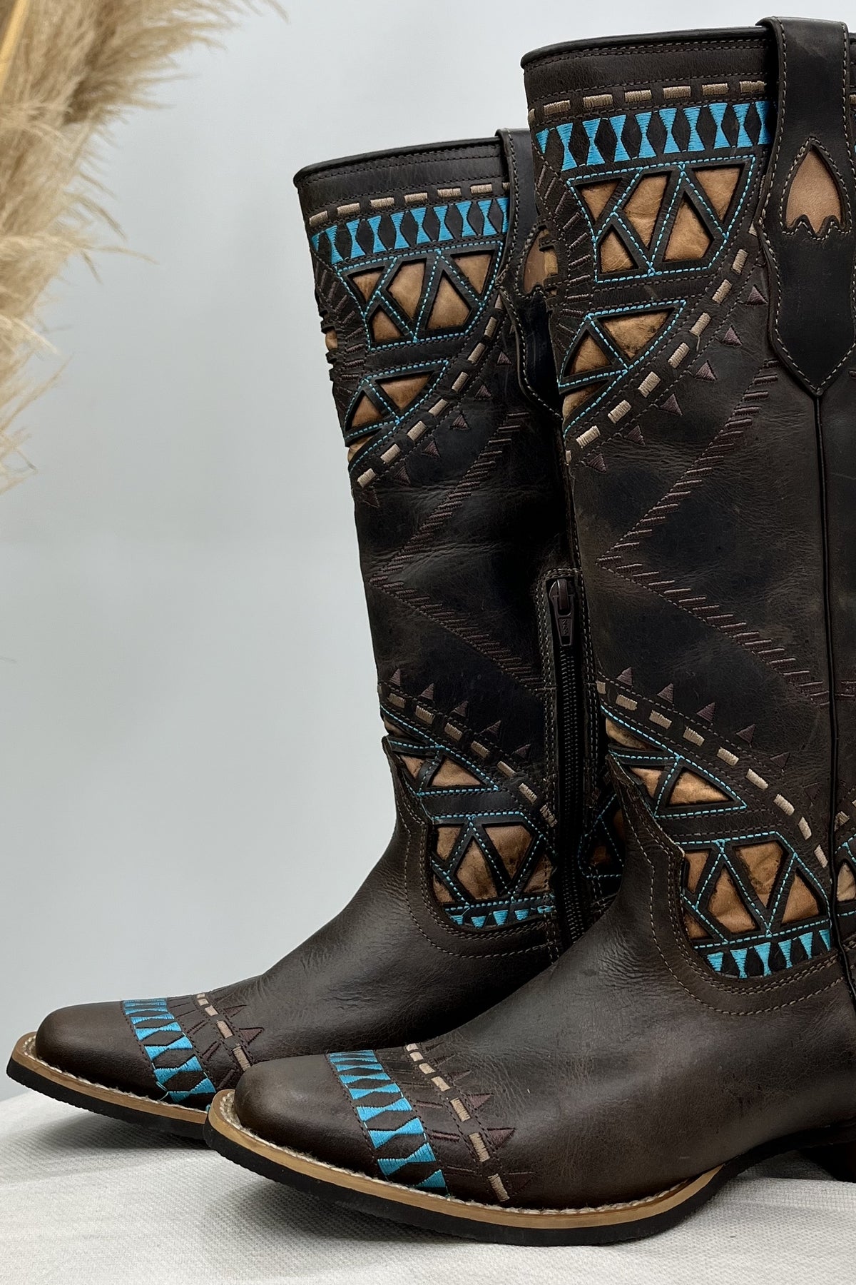 Yacamim Embroidered Brown Leather Tall Boot #126