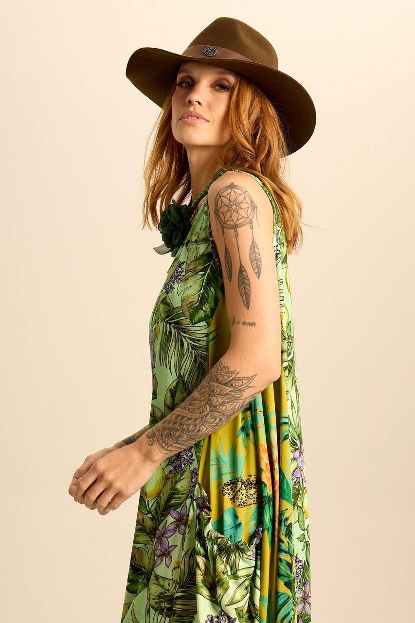 Yacamim Green Patchwork Sleeveless Midi Dress