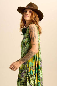 Yacamim Green Patchwork Sleeveless Midi Dress