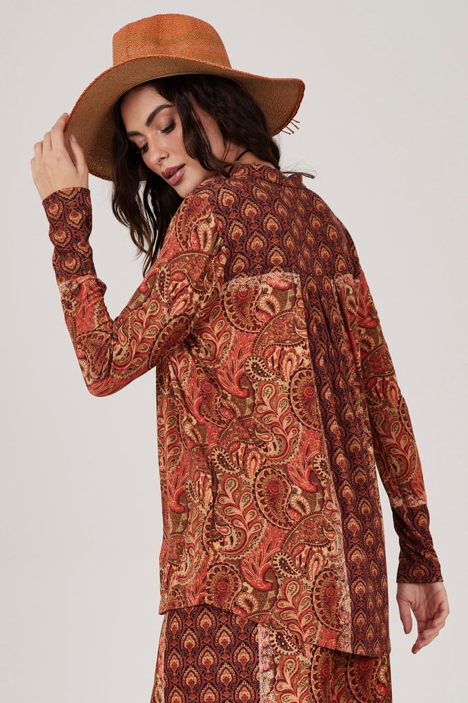 Wide Terracotta Button-Up Blouse with Paisley Print Yacamim B7