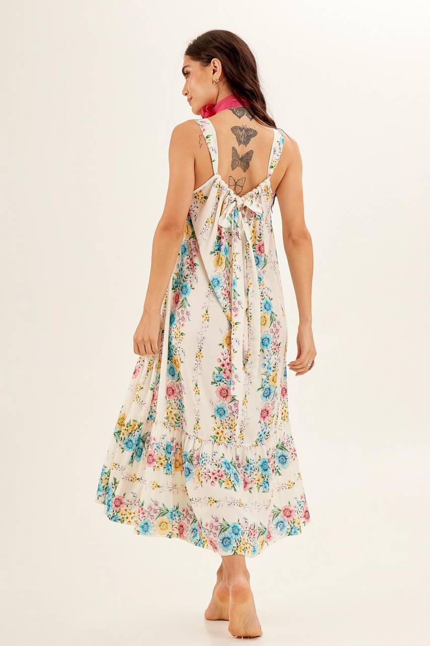 Yacamim Off-White Floral Print Loose-Fit Midi Sundress
