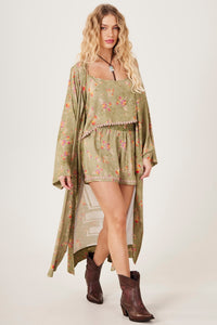 Yacamim J10 Olive Green Long Kimono with Love Print