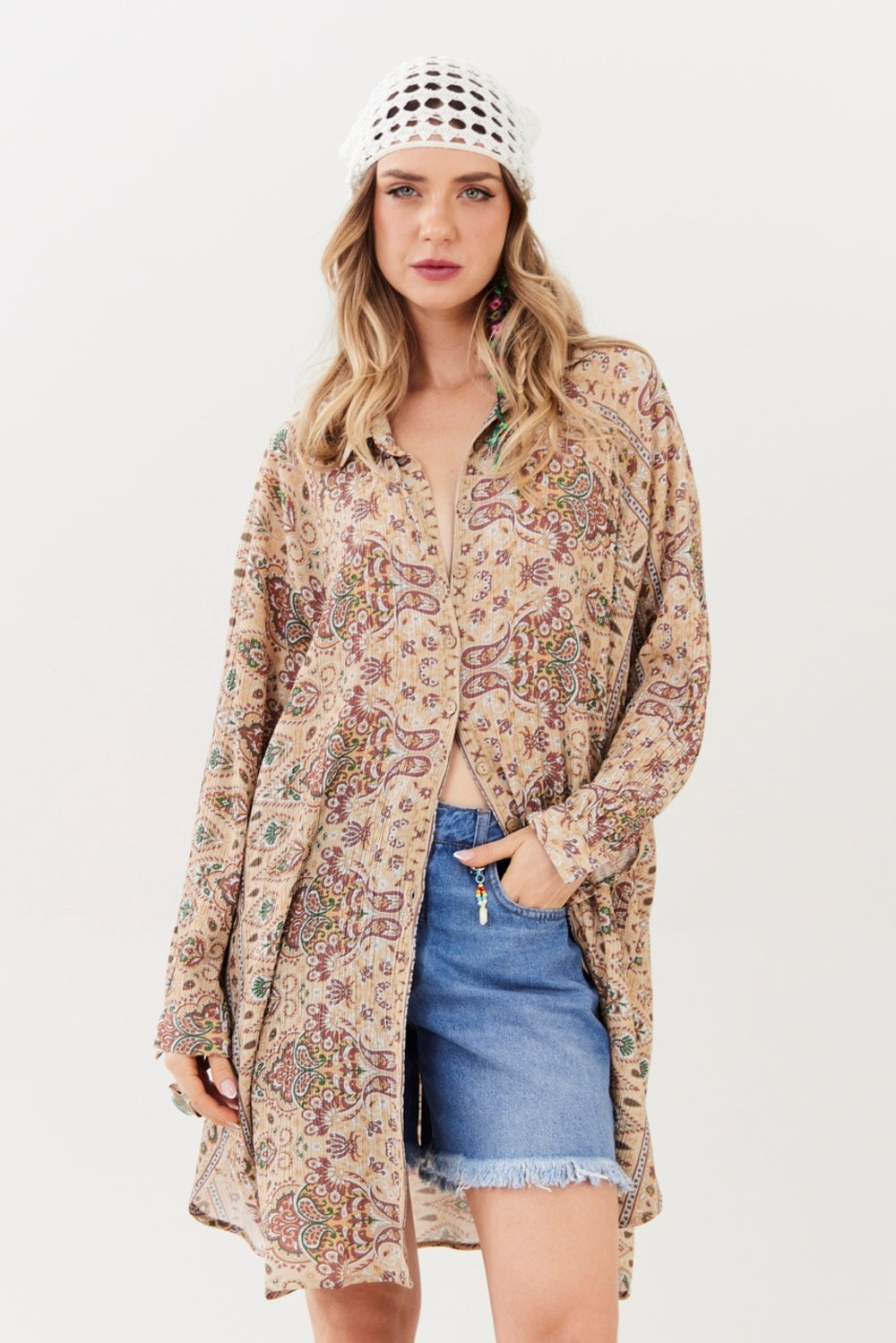 Yacamim L3 Beige Paisley Short Long-Sleeved Chemise