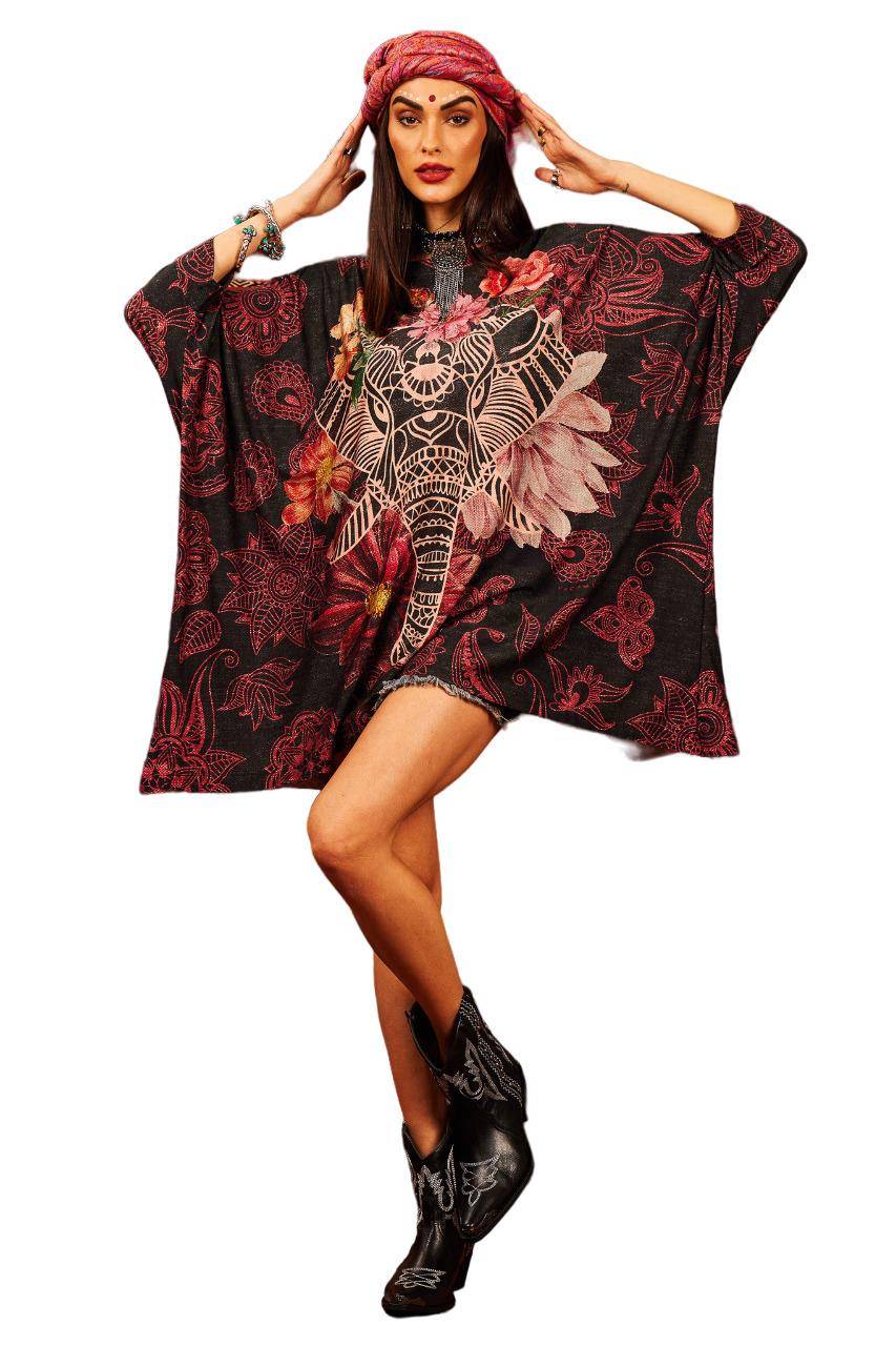 Loose Wide Tunic With 3/8 Sleeves Black Elephant Print Yacamim