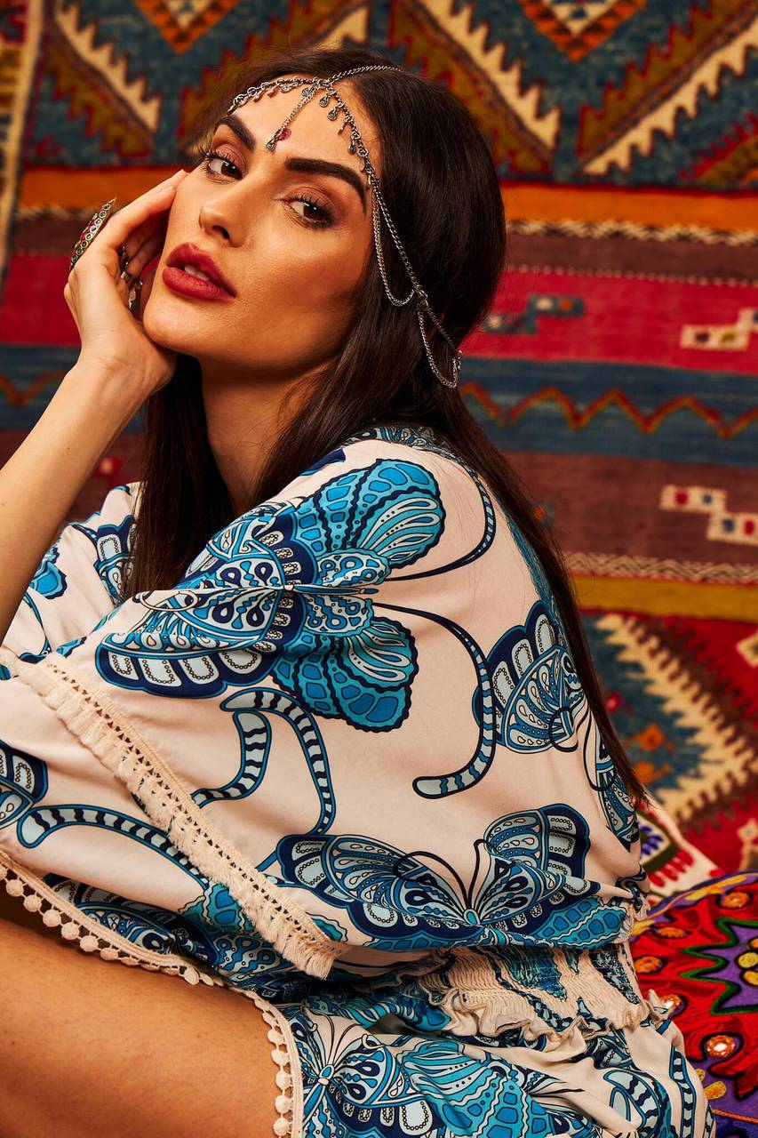 Yacamim White Butterfly Print Mullet Dress with Shirred Waist
