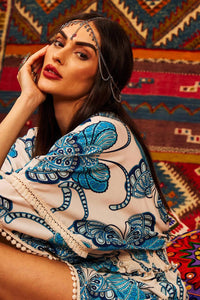 Yacamim White Butterfly Print Mullet Dress with Shirred Waist