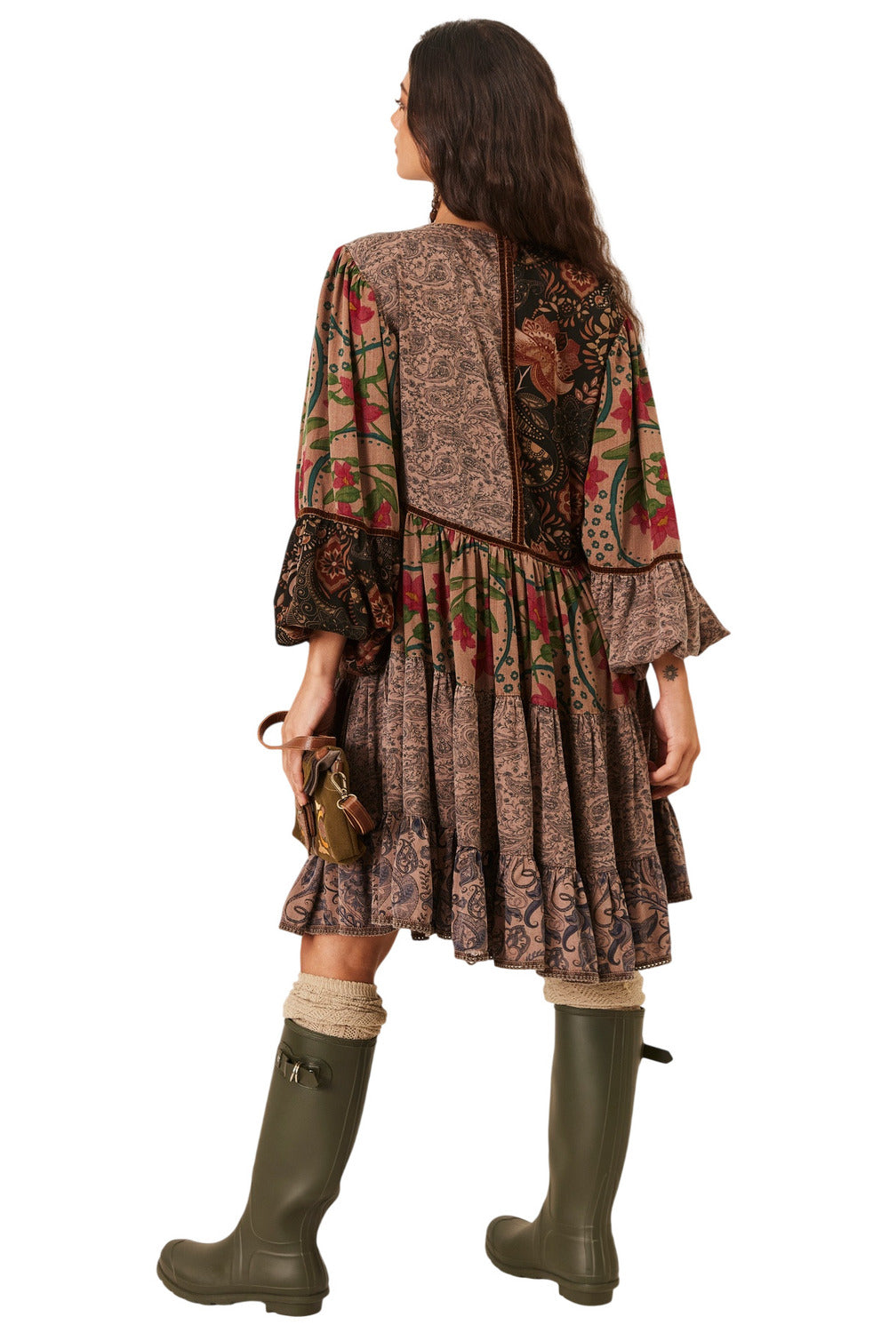 Vestido Curto Amplo Com Veludo E Pompons Marrom Patchwork Yacamim E5