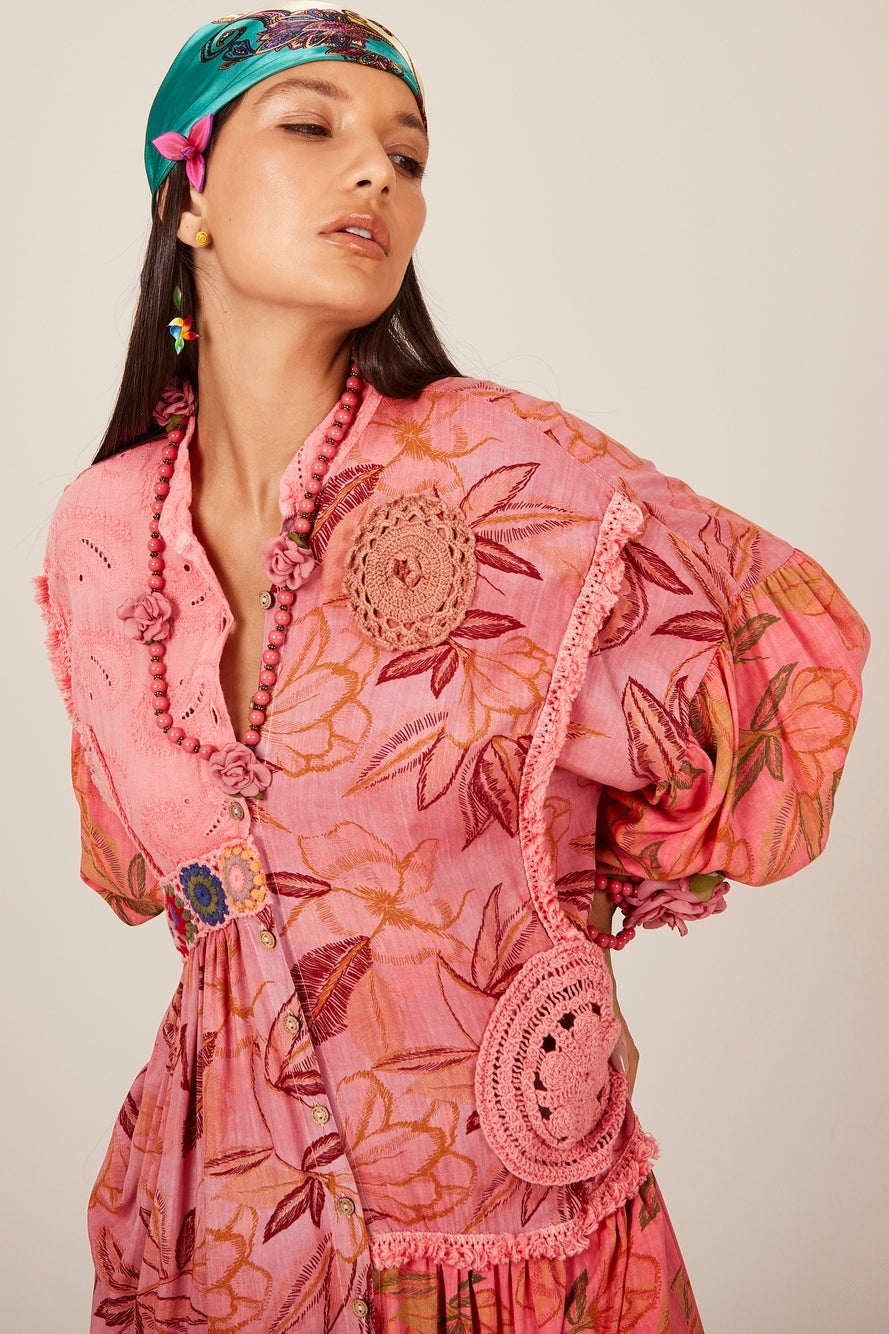 Women's Long Dress with Pink Patchwork Crochet Yacamim D14