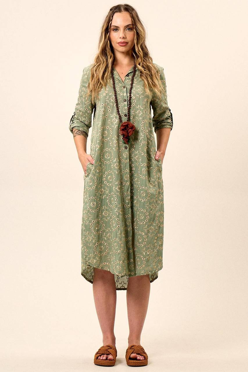 Yacamim Green Long Sleeve Embroidered Midi Shirtdress