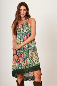 Yacamim C8 Green Geometric Print Mullet Mini Dress