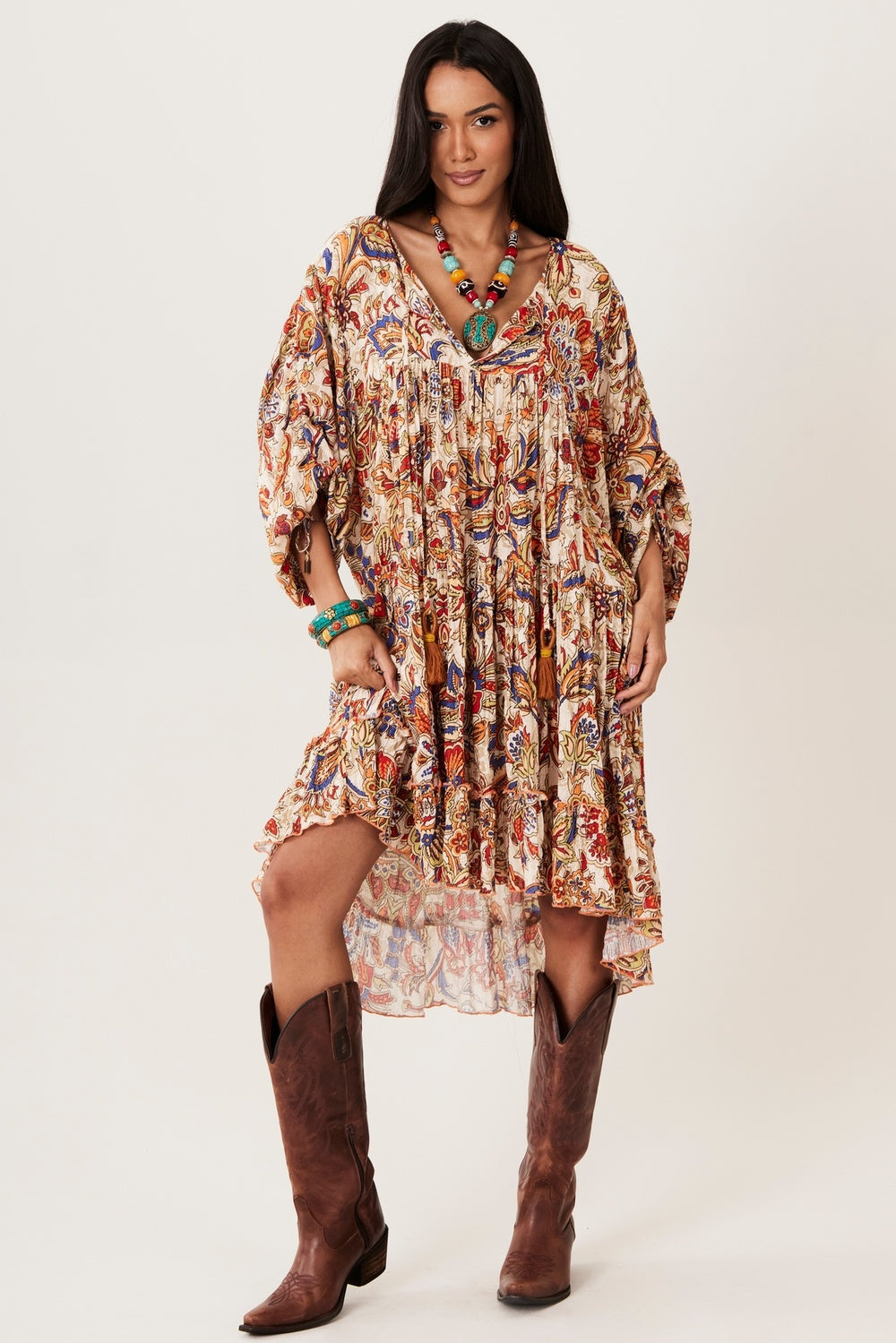 Yacamim D1 Loose Flowy Short Beige Printed Dress
