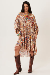 Yacamim D1 Loose Flowy Short Beige Printed Dress