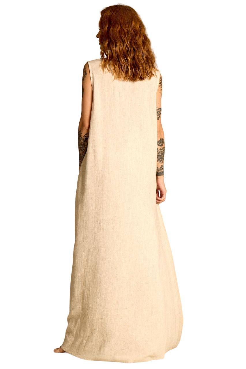 Yacamim Women's Long Linen Tank Dress Beige E2