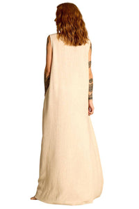 Yacamim Women's Long Linen Tank Dress Beige E2