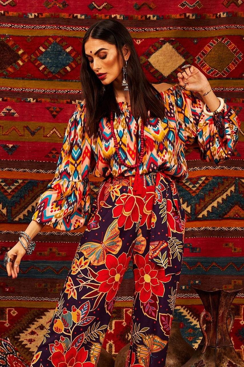 Yacamim Printed Peasant Blouse With Long Puffed Sleeves