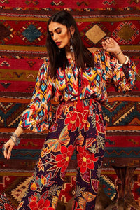 Yacamim Printed Peasant Blouse With Long Puffed Sleeves