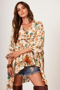 Yacamim B24 Beige Wide Blouse with Puffy Sleeves