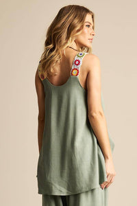 Yacamim Women's Green Linen Cropped Tank Top with Crochet Straps A12
