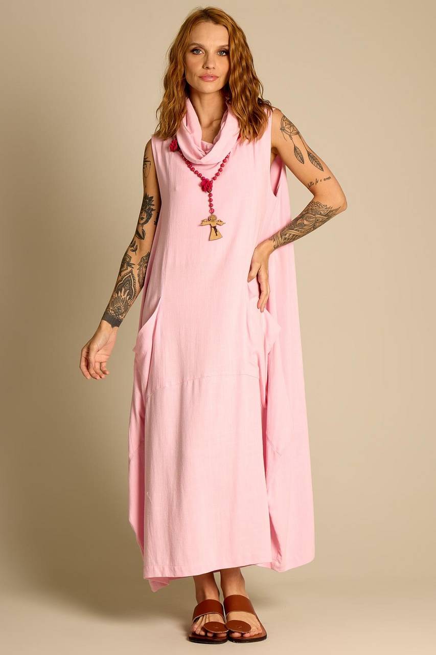 Yacamim E22 Light Pink Sleeveless Turtleneck Long Dress with Pockets