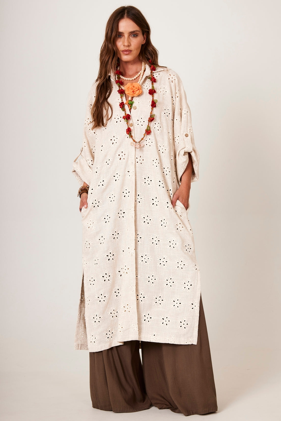Long Linen Shirt With Beige Embroidery Yacamim M2