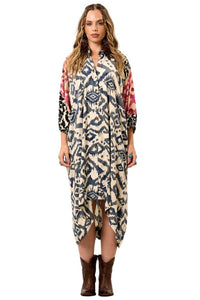 Yacamim Patchwork Print Off-White 3/4 Sleeve Loose Shirt