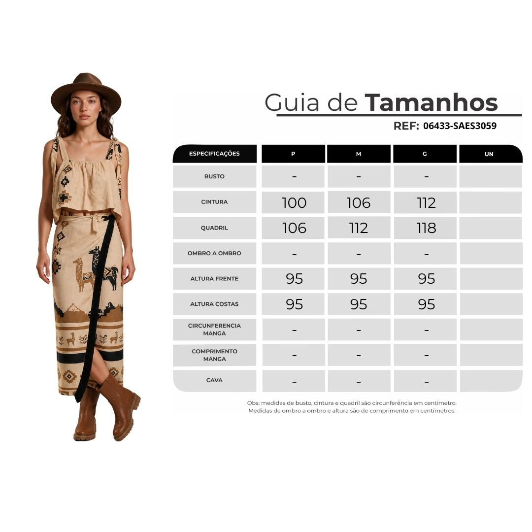Saia Midi Transpassada Bege Estampada Coleção Peru Yacamim L8