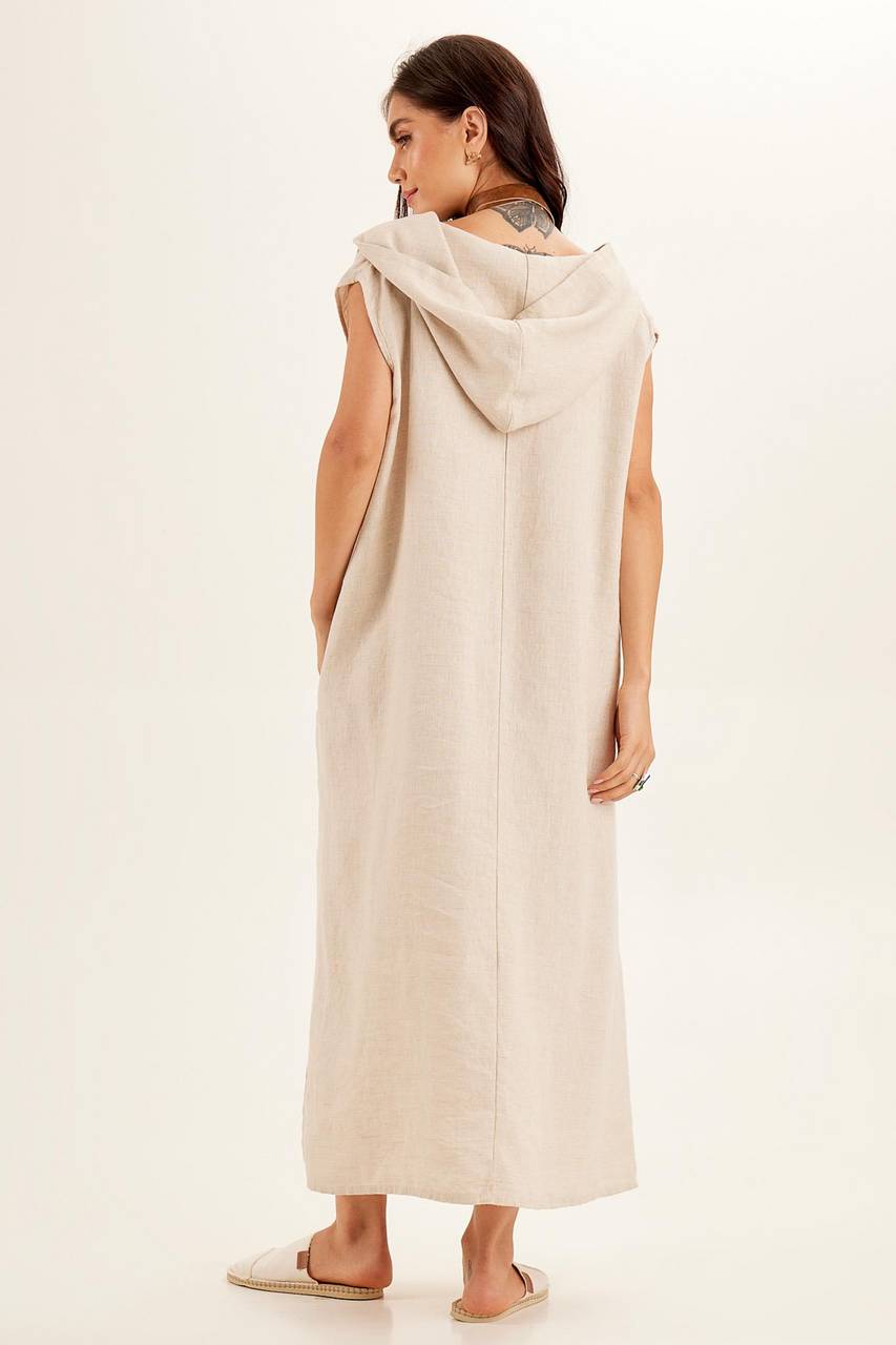 Yacamim Beige 100% Linen Hooded Midi Dress