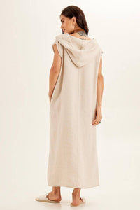 Yacamim Beige 100% Linen Hooded Midi Dress