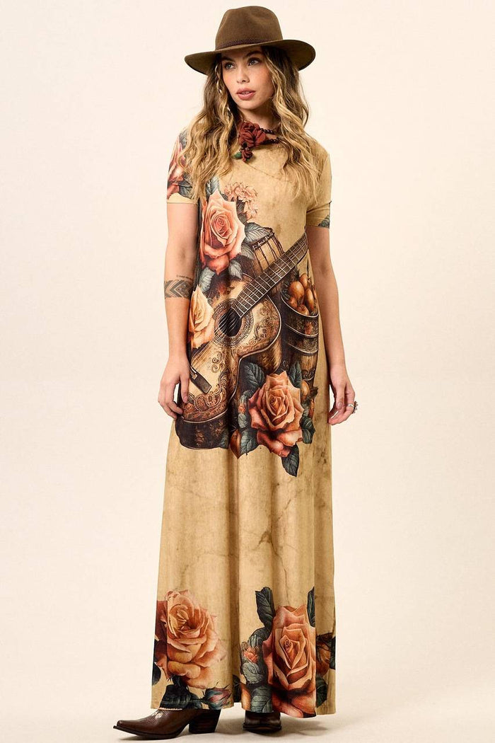 Light Brown Short Sleeve Long Dress Yacamim Guitar Print E15