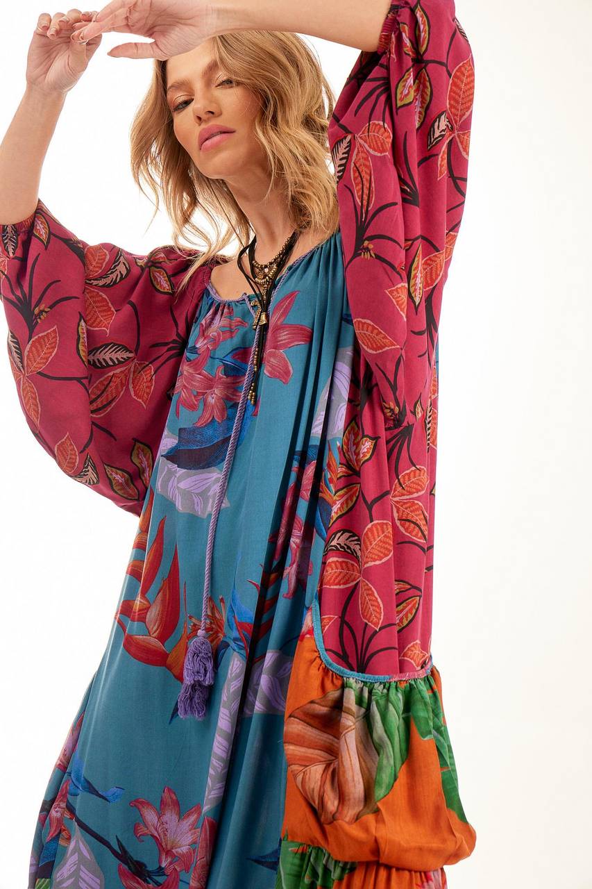 Yacamim Patchwork Print Wide Long Dress With Puffy Sleeves