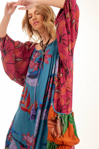 Yacamim Patchwork Print Wide Long Dress With Puffy Sleeves