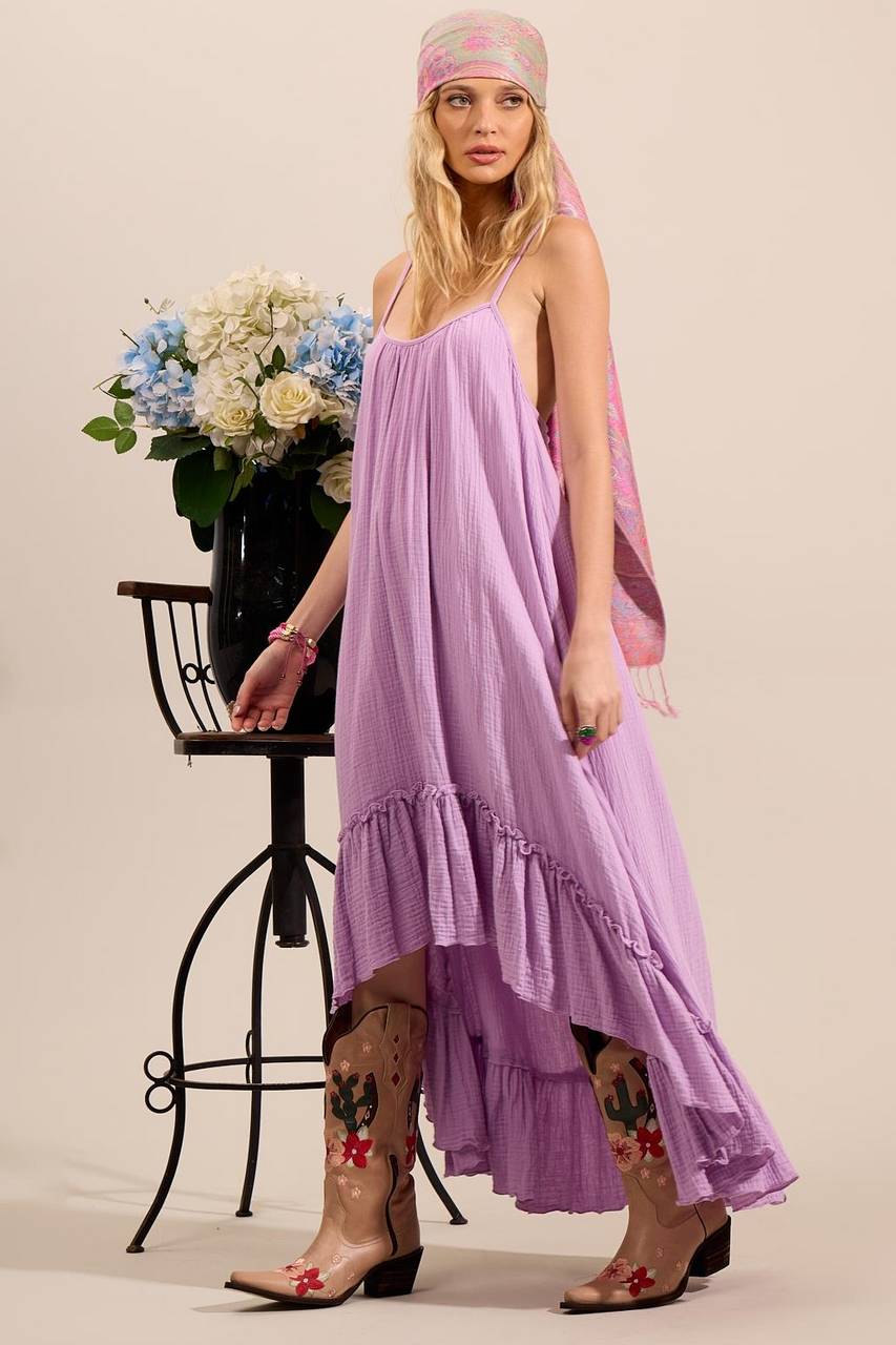 Yacamim Lilac Mullet Dress with Adjustable Straps and Ruffled Hem -c27