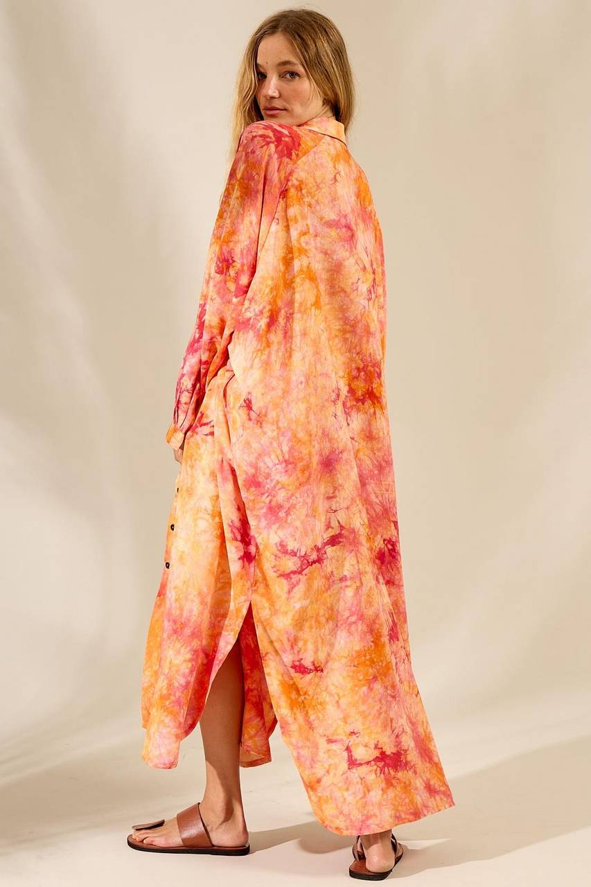 Yacamim Orange Tie-Dye Digital Print Long Loose Shirt